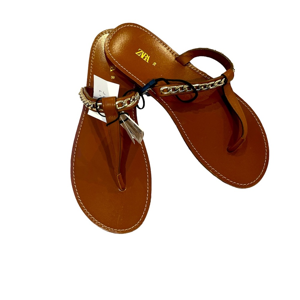 Zara sz 8.5 Brown/Gold Leather Thong Sandals NWT